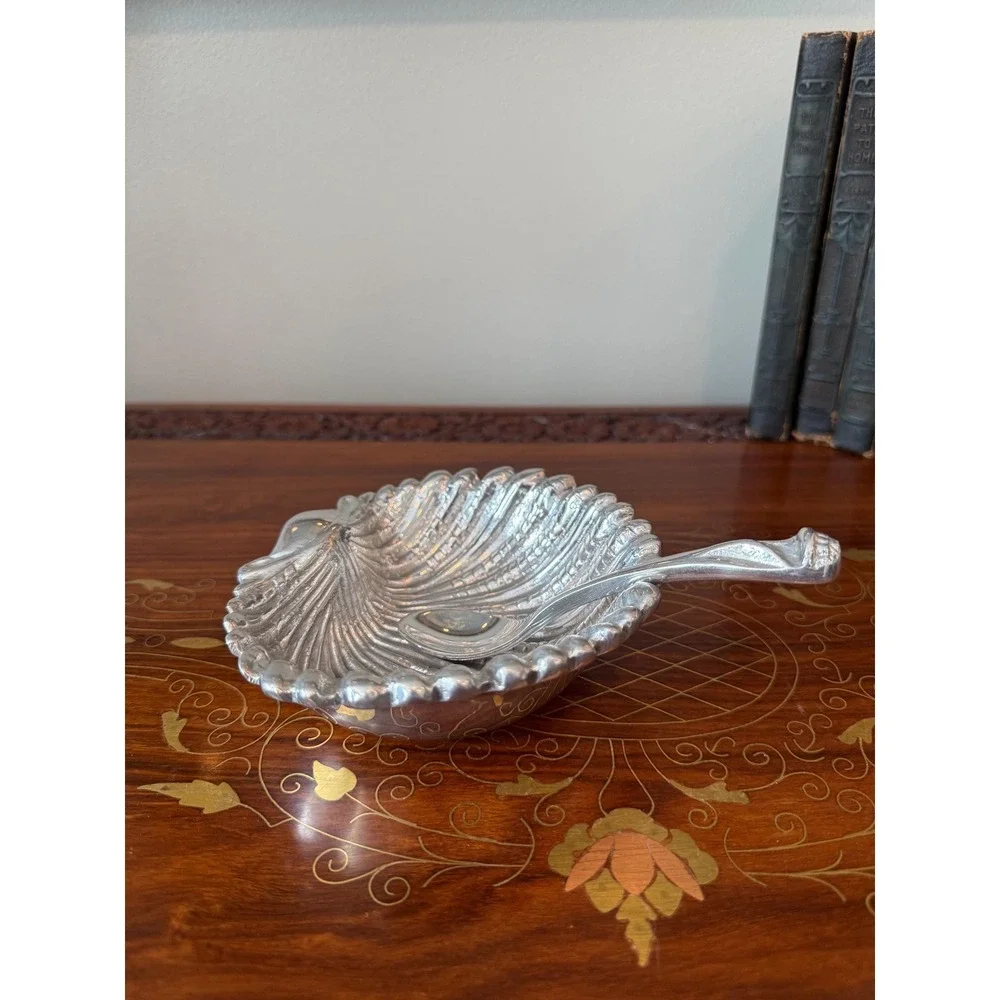 Vintage Shell Dish with‎ Spoon, Hand Cast Metal Scallop Bowl